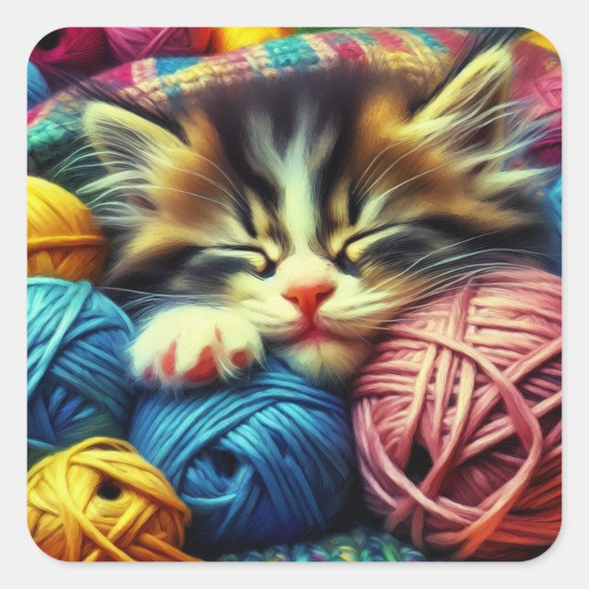 Sticker Carré Cute Kitten Dormir sous une couverture (Devant)