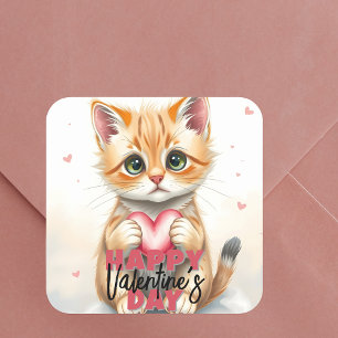 Sticker Carré Cute Kitten tenant le coeur rose Saint Valentin