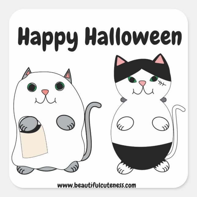 Sticker Carré Cute Kitty Cat Ghost Monster Halloween Personnalis (Devant)