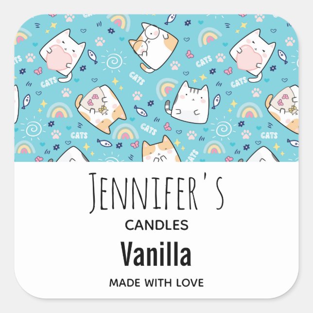 Sticker Carré Cute Kitty Chat Motif Whimsical Bougie Business (Devant)