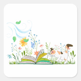 Sticker Carré Cute Kitty Lire un livre.