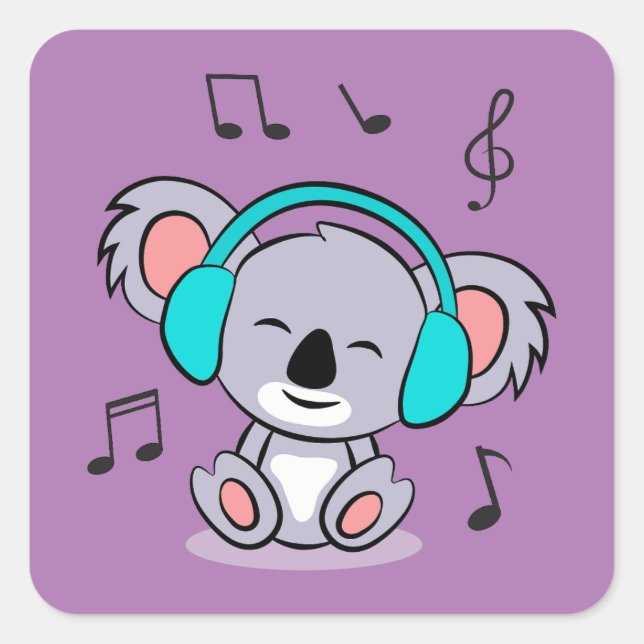 Sticker Carré Cute koala Écouter De La Musique (Devant)