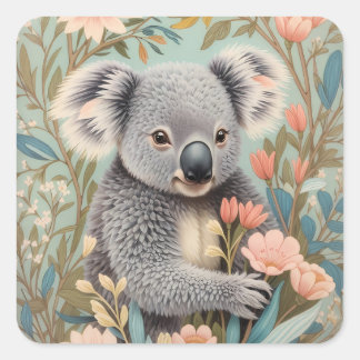 Sticker Carré Cute Koala Elegant Pastel Floral