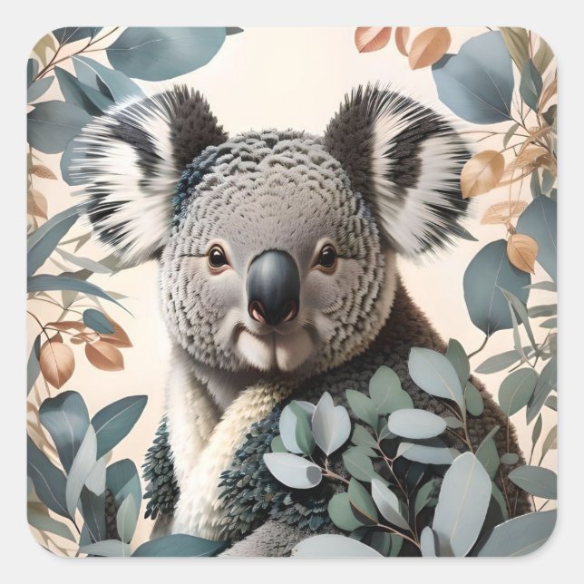 Sticker Carré Cute Koala Eucalyptus Feuilles (Devant)