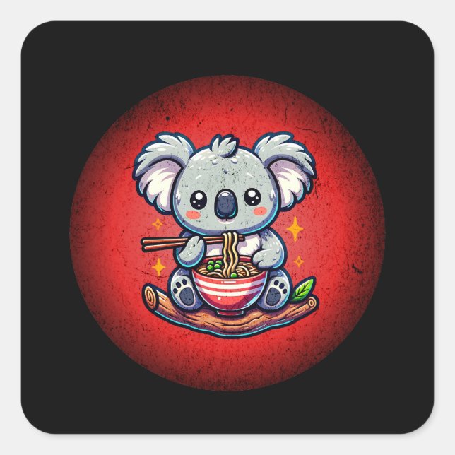 Sticker Carré Cute Koala manger Ramen (Devant)