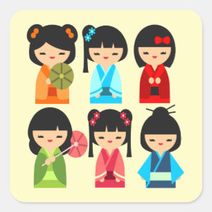 Sticker Carré Cute Kokeshi poupées japonaises