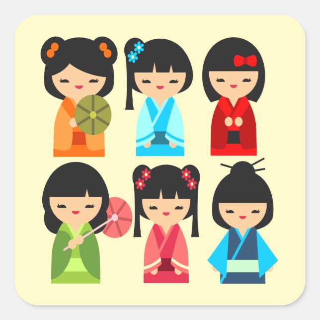 Sticker Carré Cute Kokeshi poupées japonaises (Devant)
