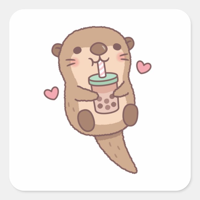 Sticker Carré Cute Little Otter Aime Le Thé Bubble (Devant)