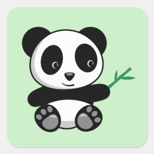 Sticker Carré Cute Little Panda avec Bâton en Bambou vert