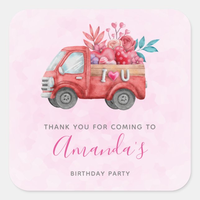 Sticker Carré Cute Love Camion avec cargaison cardiaque Annivers (Devant)