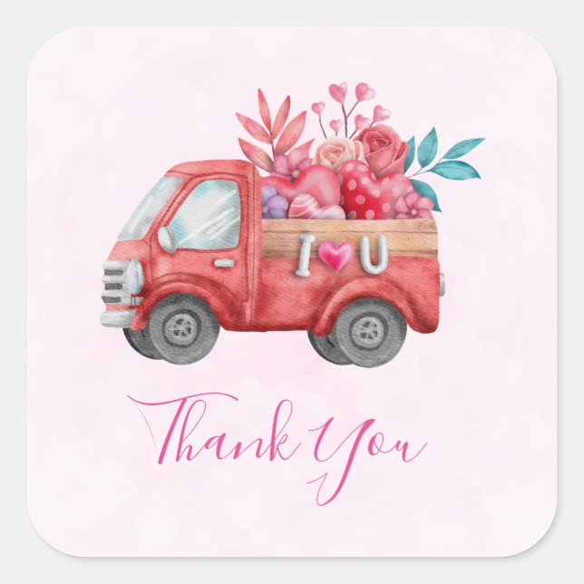 Sticker Carré Cute Love Camion Coeurs & Fleurs Cargo Merci (Devant)