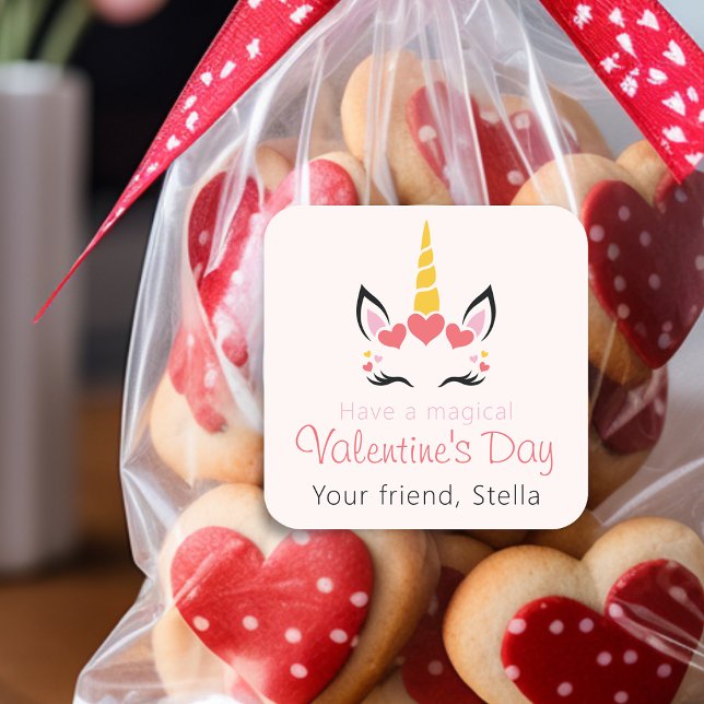 Sticker Carré Cute Magical Unicorn Valentine's Day Personalized (Cute Magical Unicorn Valentine's Day Personalized Square Sticker)