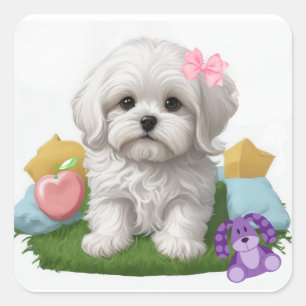 Sticker Carré Cute Maltese Chiot assis avec ses jouets