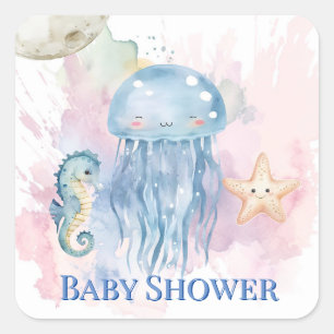 Sticker Carré Cute méduse et amis Baby shower Pastel