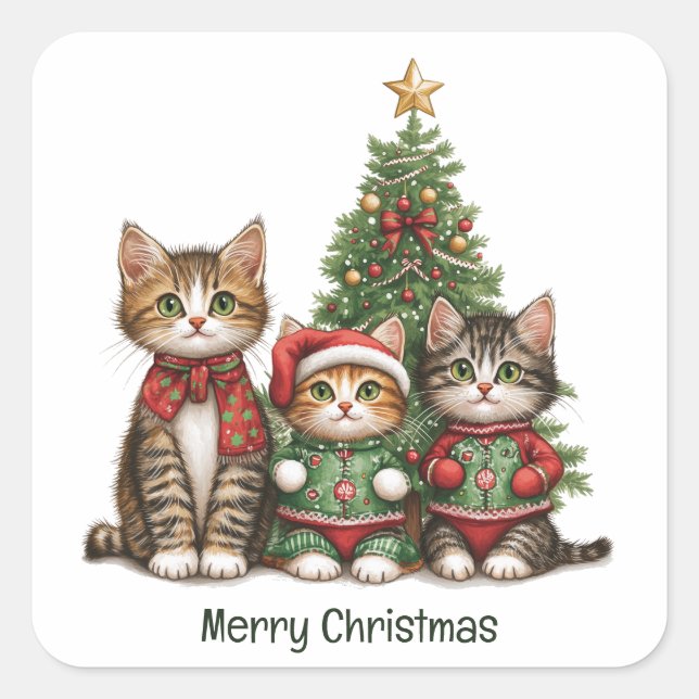 Sticker Carré Cute Merry Christmas Cats (Devant)