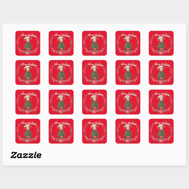 Sticker Carré Cute merry Cow Christmas tree calf ox Xmas pattern (Feuille)