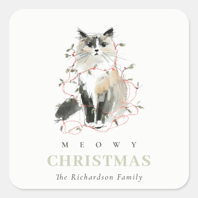 Sticker Carré Cute moderne aquarelle Meowy Noël Light Chat (Devant)