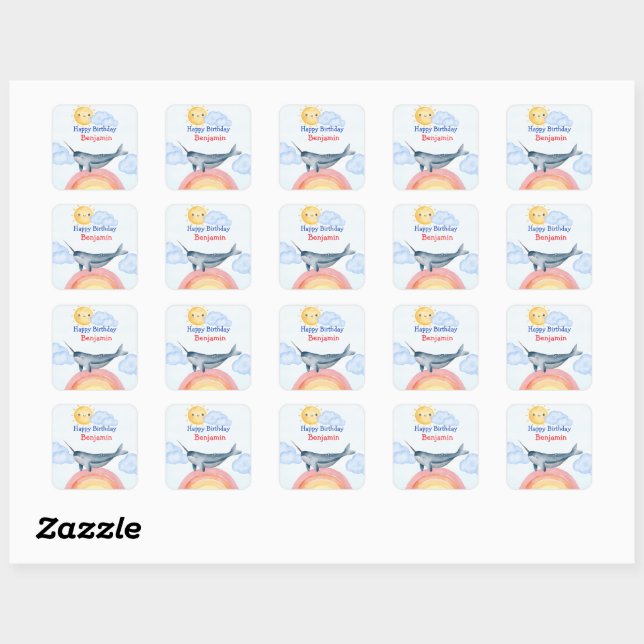 Sticker Carré Cute narval poisson licorne Anniversaire (Feuille)