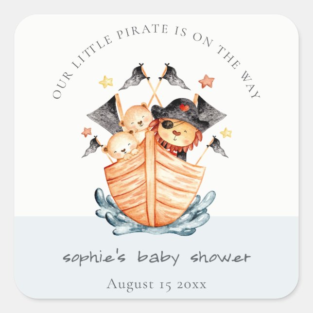 Sticker Carré Cute Nautical Pirate Ship Lion Cub Baby shower (Devant)
