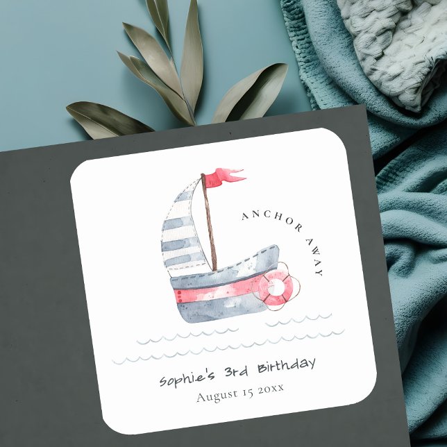 Sticker Carré Cute Nautical Soft Red Blue Anniversaire de enfant (Créateur téléchargé)