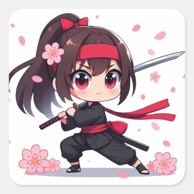 Sticker Carré Cute ninja guerrière fille en fleur (Devant)