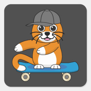 Sticker Carré Cute Orange Chat sur Skateboard Cartoon