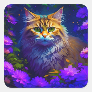 Sticker Carré Cute Orange Kitty Chat en Fleurs