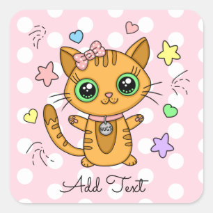 Sticker Carré Cute Orange Kitty Chat rose Polka Point personnali