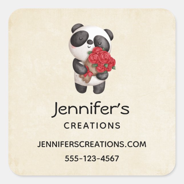 Sticker Carré Cute ours Panda avec Bouquet Rose (Devant)