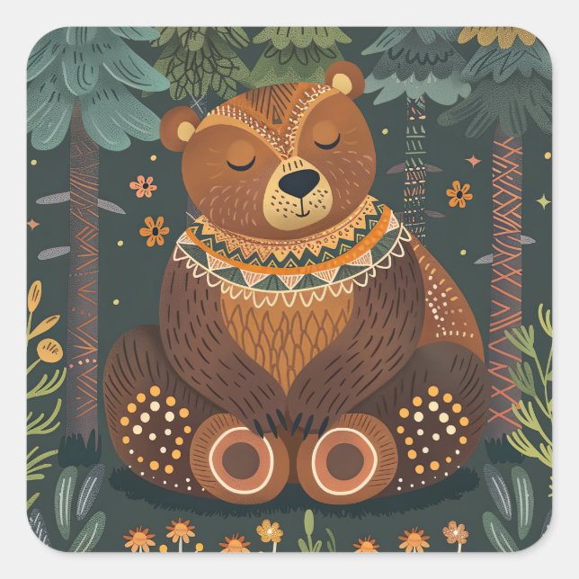 Sticker Carré Cute Ours Zen dans Woods Faune Animale Nature Art (Devant)