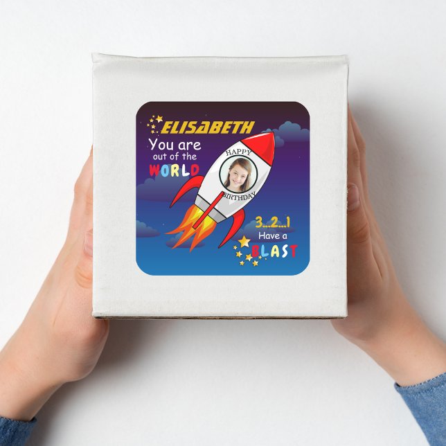 Sticker Carré Cute Outer Space Rocket Ship Blast Off Birthday (Créateur téléchargé)