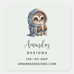 Sticker Carré Cute Owl tenant une entreprise de café