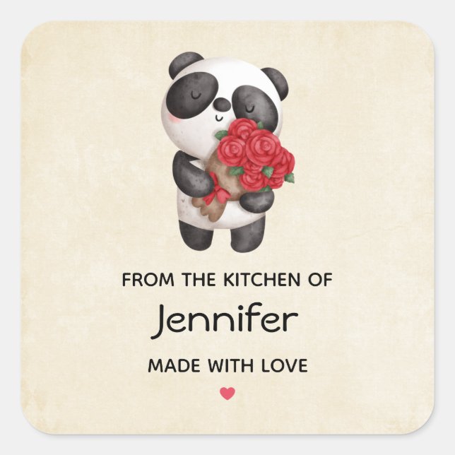 Sticker Carré Cute Panda Bear avec Rose Bouquet Cuisine (Devant)
