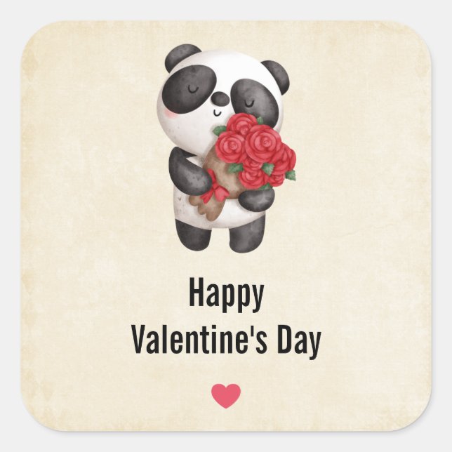 Sticker Carré Cute Panda Bear avec Rose Bouquet Saint Valentin (Devant)