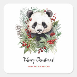 Sticker Carré Cute Panda Bear Botaniques rustiques de Noël