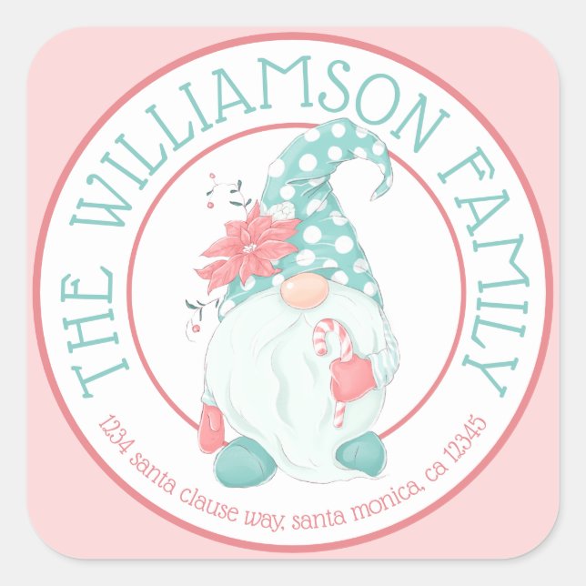 Sticker Carré Cute Pastel Gnome Nom de famille Adresse de retour (Devant)