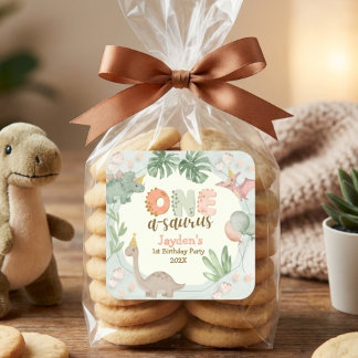 Sticker Carré Cute Pastel Green Dinosaur One A Saurus Birthday