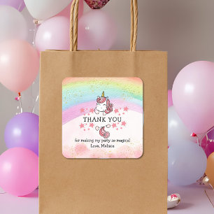 Sticker Carré Cute Pastel Unicorn & Rainbow Merci d'anniversaire
