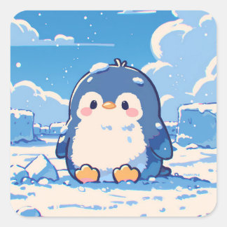 Sticker Carré Cute Penguin Sitting in Winter Snow