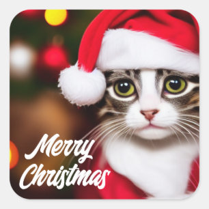 Sticker Carré Cute Père Noël Chat