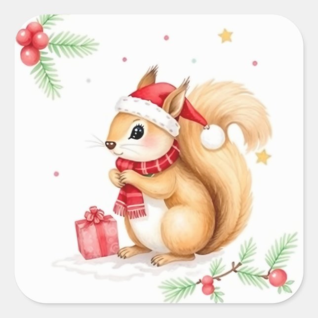 Sticker Carré Cute petite aquarelle écureuil de Noël (Devant)