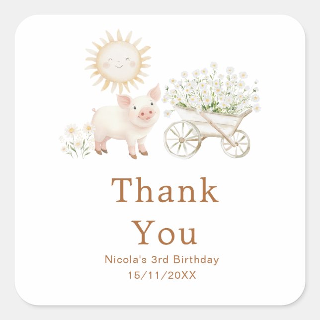 Sticker Carré Cute Pig Wheelbarrow Birthday Party (Devant)