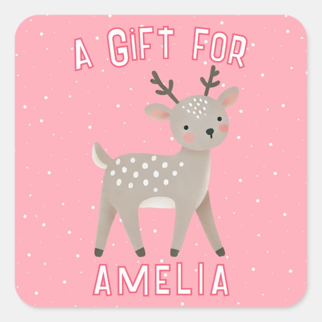 Sticker Carré Cute Pink Reindeer Kid`s Name Christmas Gift (Devant)