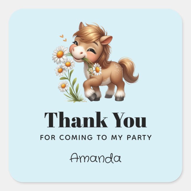 Sticker Carré Cute Pony Manger Daisées Merci de fête (Devant)
