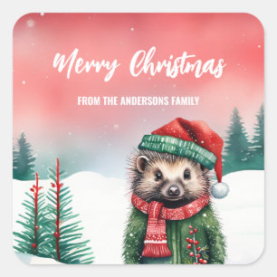 Sticker Carré Cute porcupine Hérisson Père Noël Noël holi