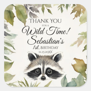 Sticker Carré Cute Raccoon Bois Merci Anniversaire