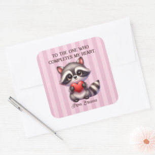 Sticker Carré Cute Raccoon tient un coeur