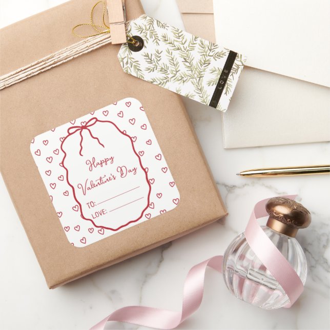 Sticker Carré Cute Red Hearts & Bow Custom Valentine's Day (Cadeaux)