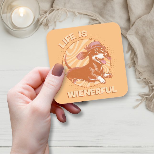 Sticker Carré Cute Retro Dachshund 'La vie est pleine de liberté (This fun and quirky design features an adorable dachshund, complete with a cute fedora hat!)
