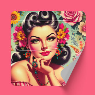 Sticker Carré Cute Retro Floral Pin-up Portrait